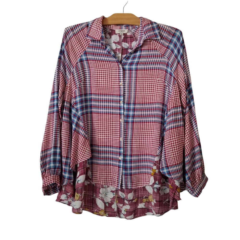 Umgee mixed plaid and floral swing button up top boho